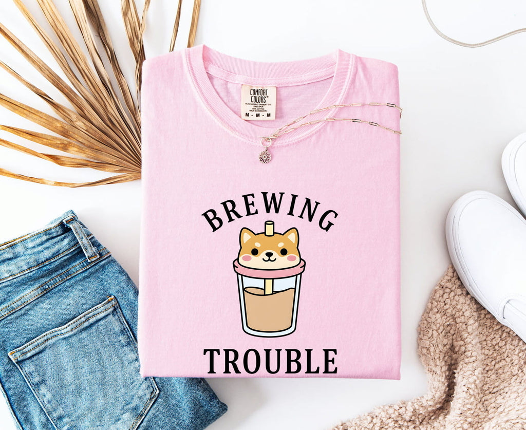 Shiba Inu Shirt for Women – Cute Comic Coffee Mug Boba Tea Dog Graphic Tee