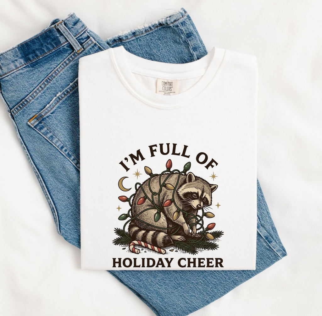 Christmas Raccoon Shirt for Women – Rustic Vintage Doodle Lights Peppermint Trash Panda Graphic Tee