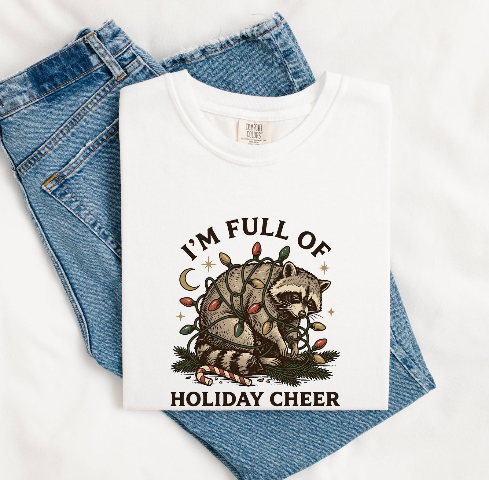 Christmas Raccoon Shirt for Women – Rustic Vintage Doodle Lights Peppermint Trash Panda Graphic Tee