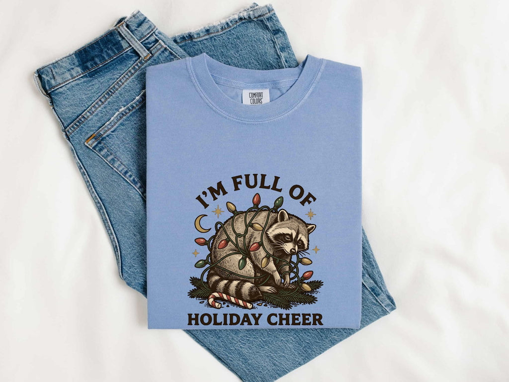 Christmas Raccoon Shirt for Women – Rustic Vintage Doodle Lights Peppermint Trash Panda Graphic Tee