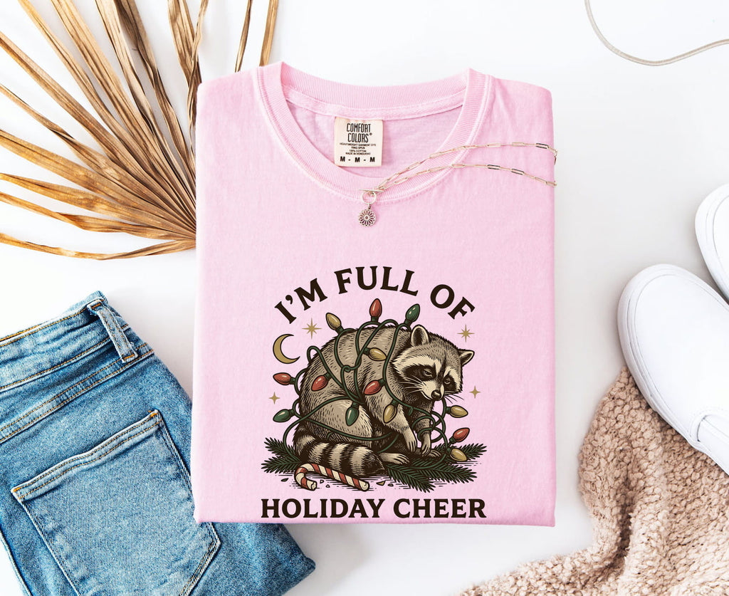 Christmas Raccoon Shirt for Women – Rustic Vintage Doodle Lights Peppermint Trash Panda Graphic Tee