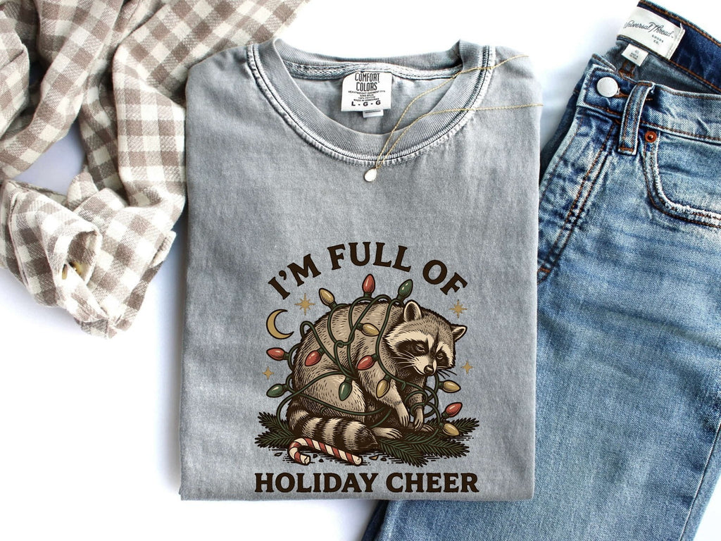 Christmas Raccoon Shirt for Women – Rustic Vintage Doodle Lights Peppermint Trash Panda Graphic Tee