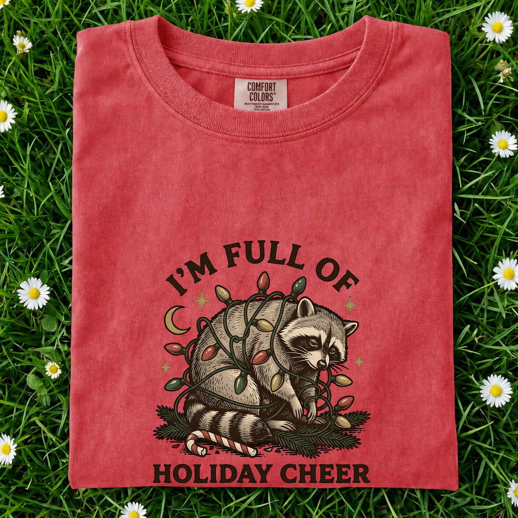 Christmas Raccoon Shirt for Women – Rustic Vintage Doodle Lights Peppermint Trash Panda Graphic Tee