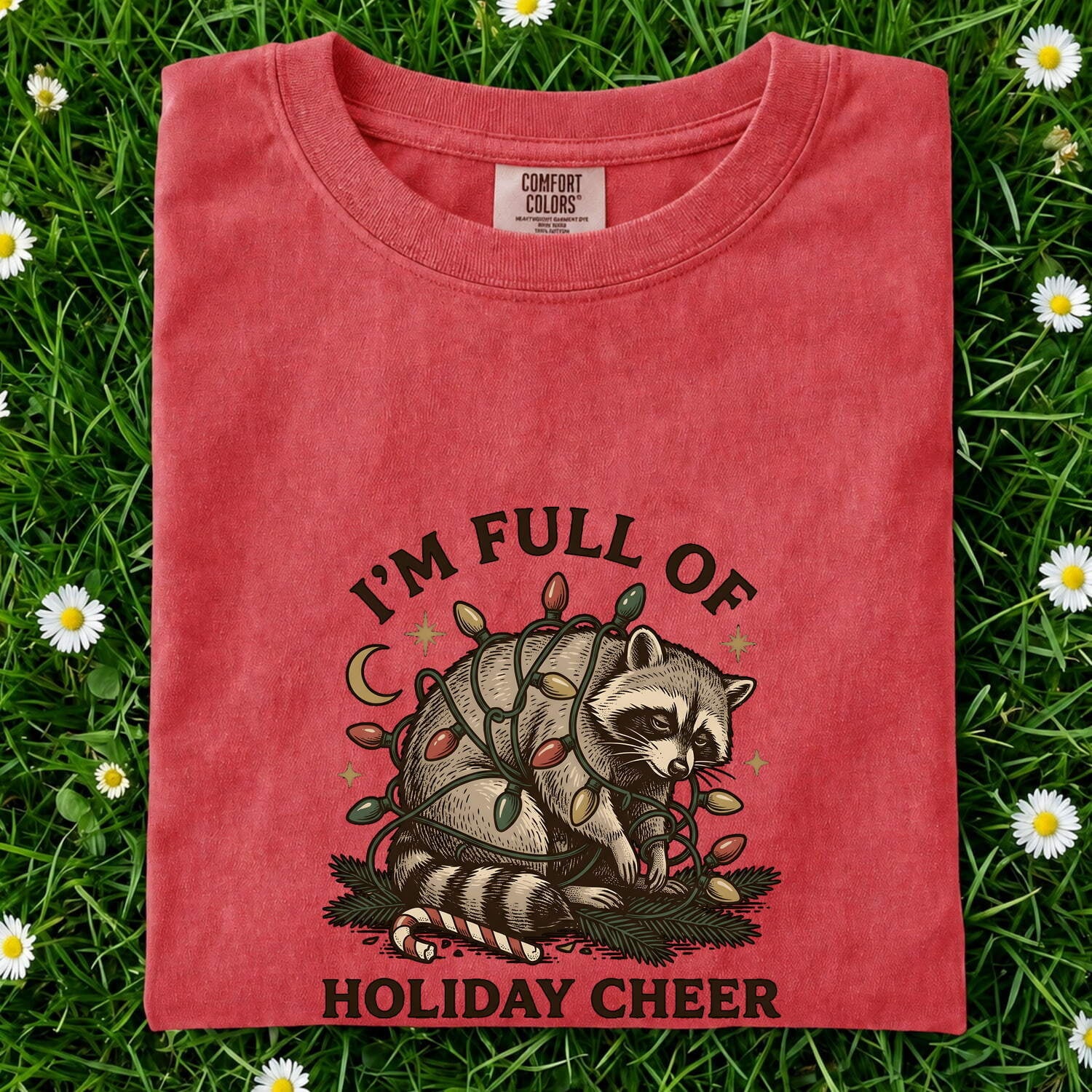 Christmas Raccoon Shirt for Women – Rustic Vintage Doodle Lights Peppermint Trash Panda Graphic Tee