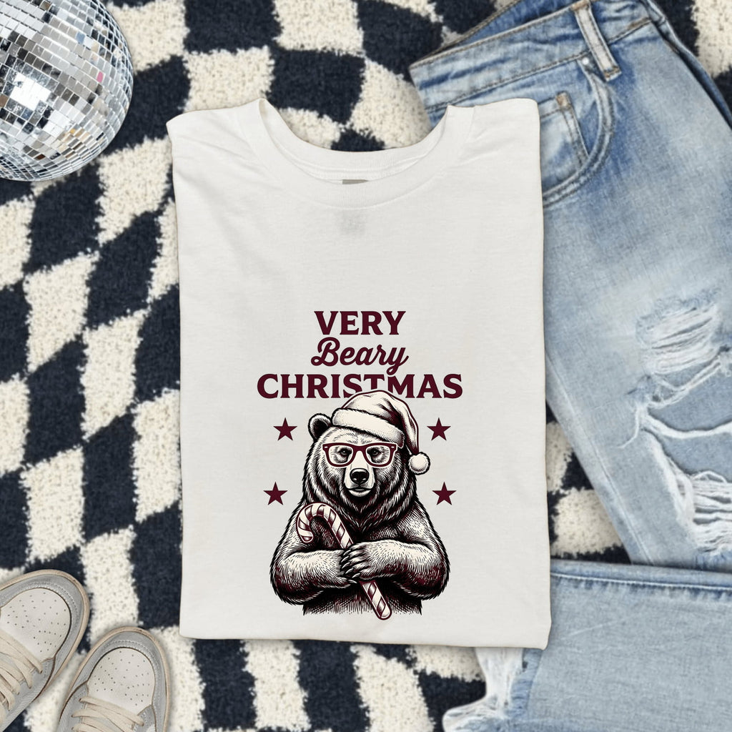 Christmas Bear Shirt for Women – Line Art Santa Cap Teddy Cartoon Peppermint Graphic Tee