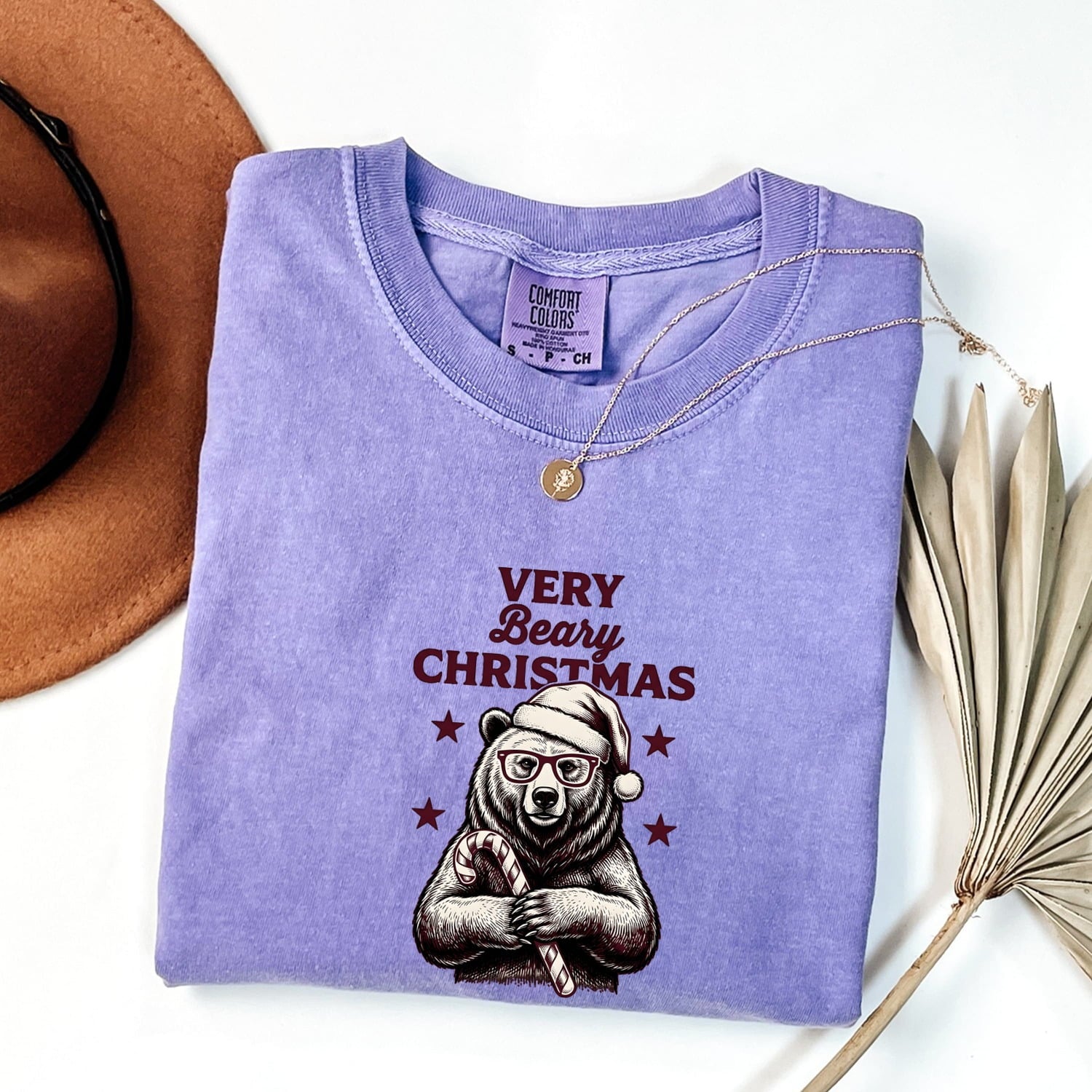 Christmas Bear Shirt for Women – Line Art Santa Cap Teddy Cartoon Peppermint Graphic Tee
