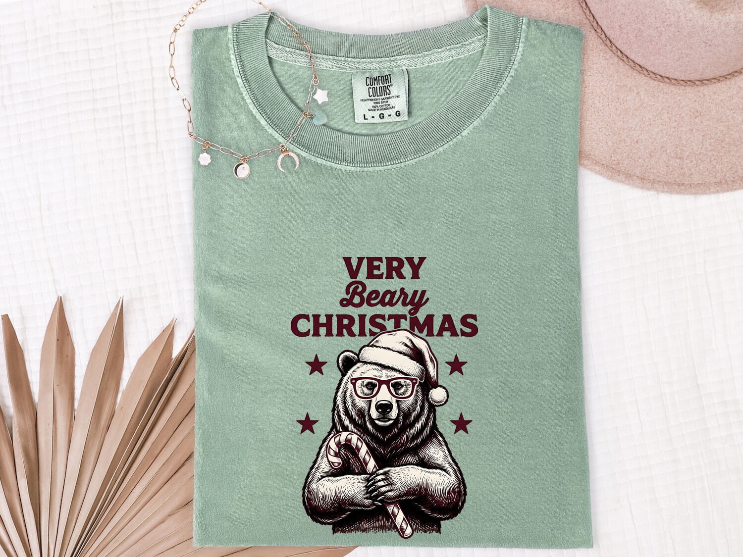 Christmas Bear Shirt for Women – Line Art Santa Cap Teddy Cartoon Peppermint Graphic Tee
