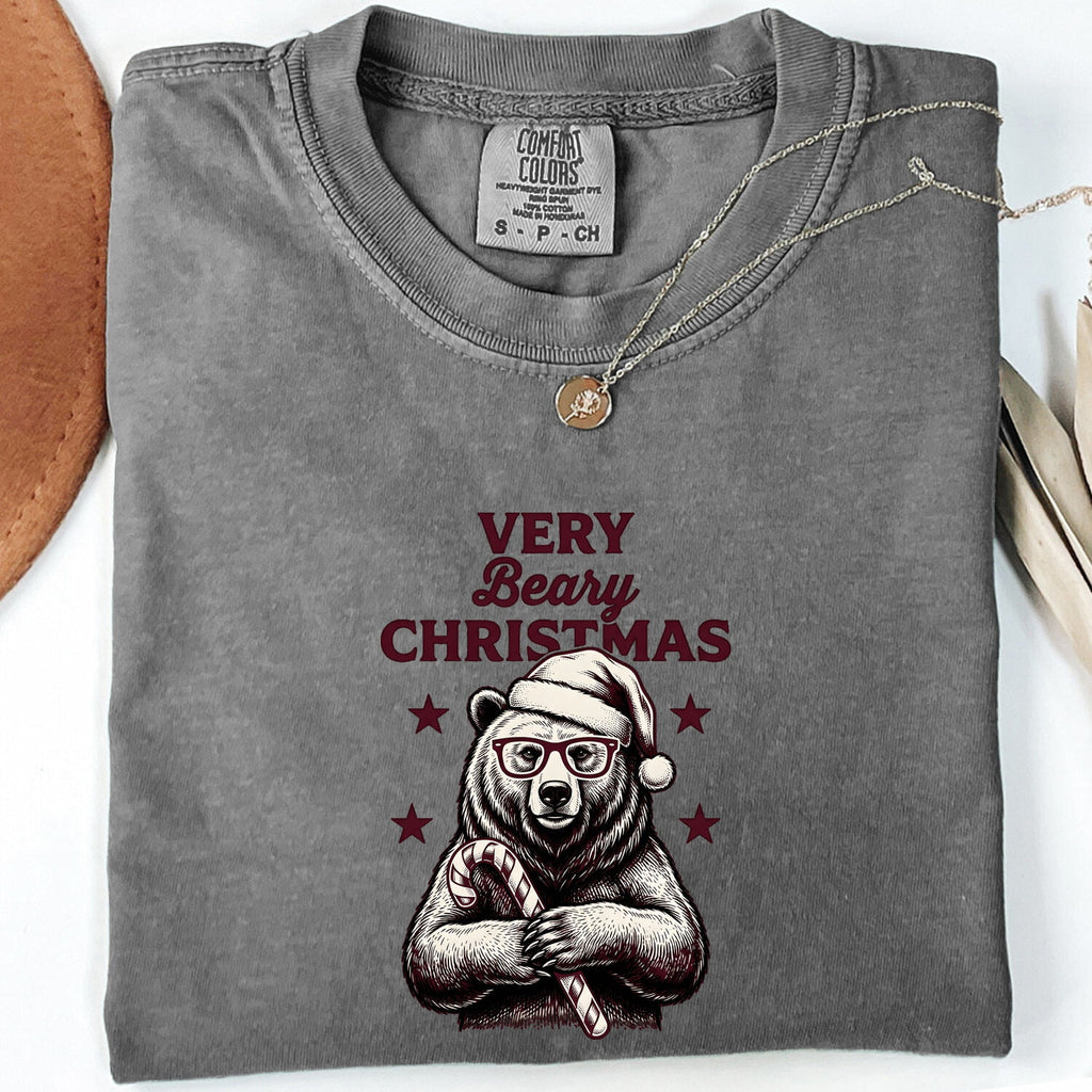 Christmas Bear Shirt for Women – Line Art Santa Cap Teddy Cartoon Peppermint Graphic Tee