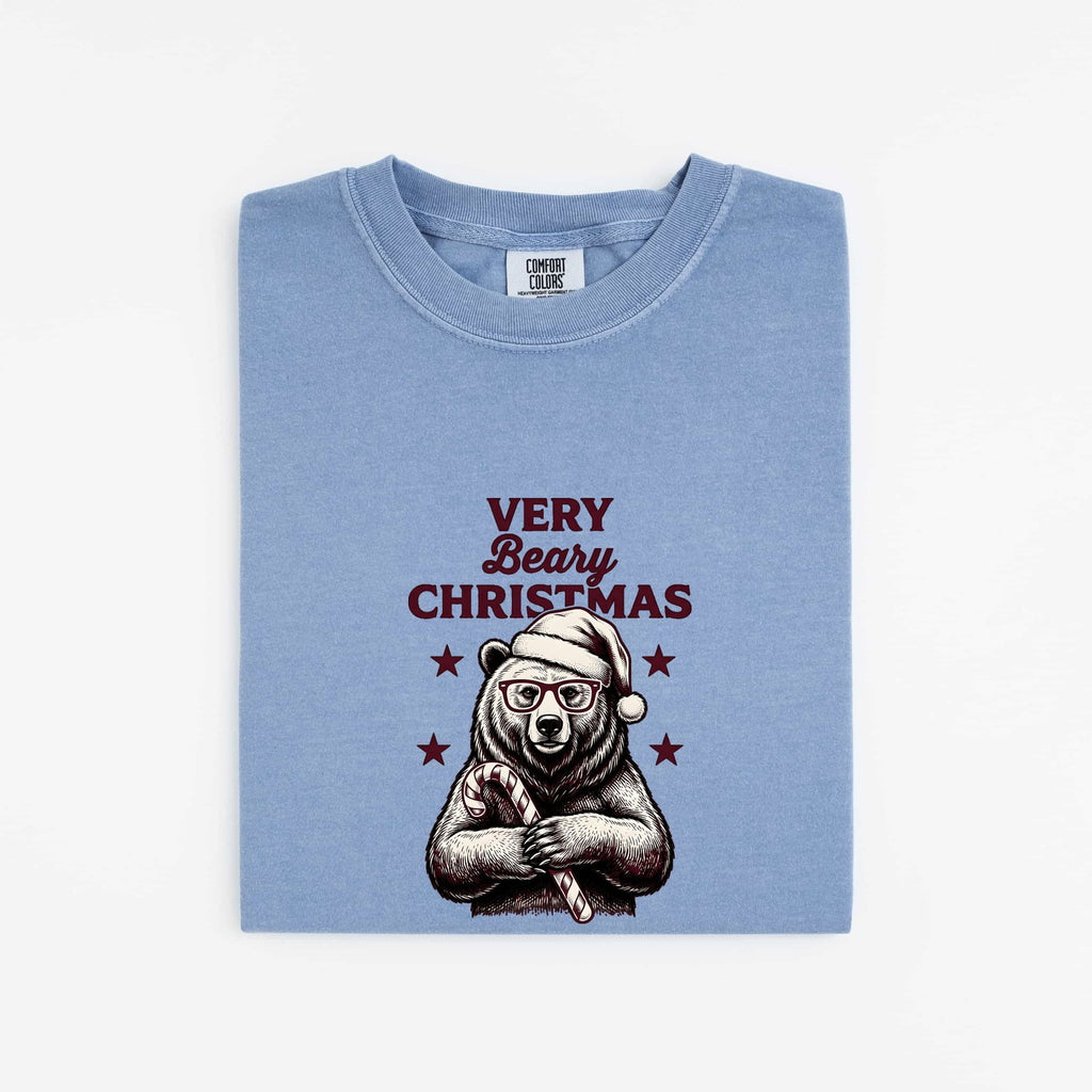 Christmas Bear Shirt for Women – Line Art Santa Cap Teddy Cartoon Peppermint Graphic Tee