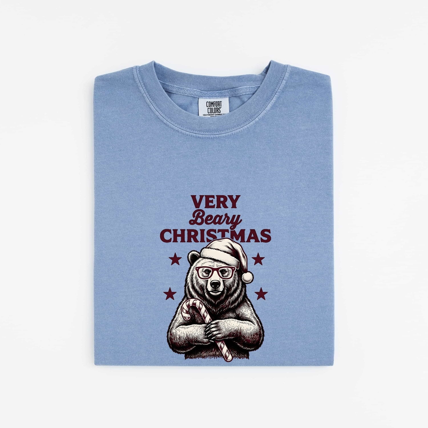 Christmas Bear Shirt for Women – Line Art Santa Cap Teddy Cartoon Peppermint Graphic Tee