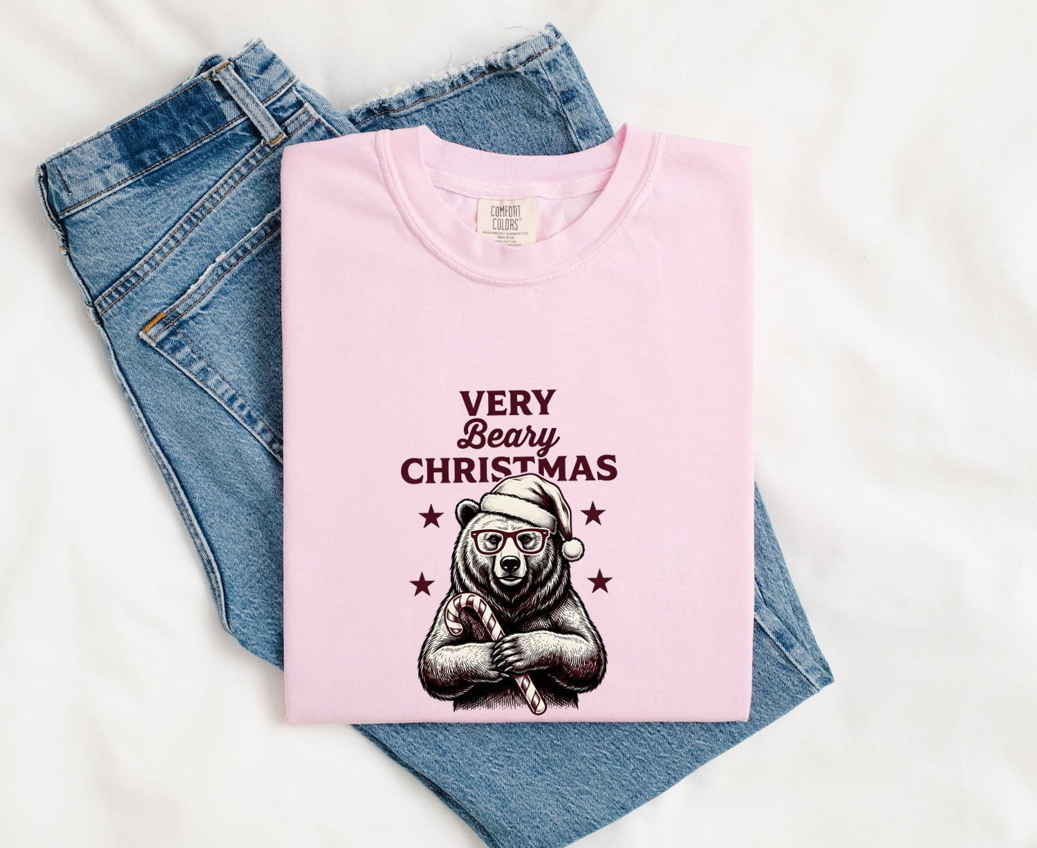 Christmas Bear Shirt for Women – Line Art Santa Cap Teddy Cartoon Peppermint Graphic Tee