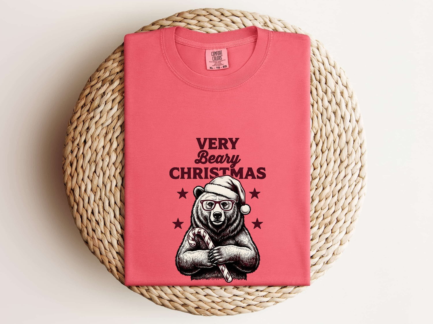 Christmas Bear Shirt for Women – Line Art Santa Cap Teddy Cartoon Peppermint Graphic Tee