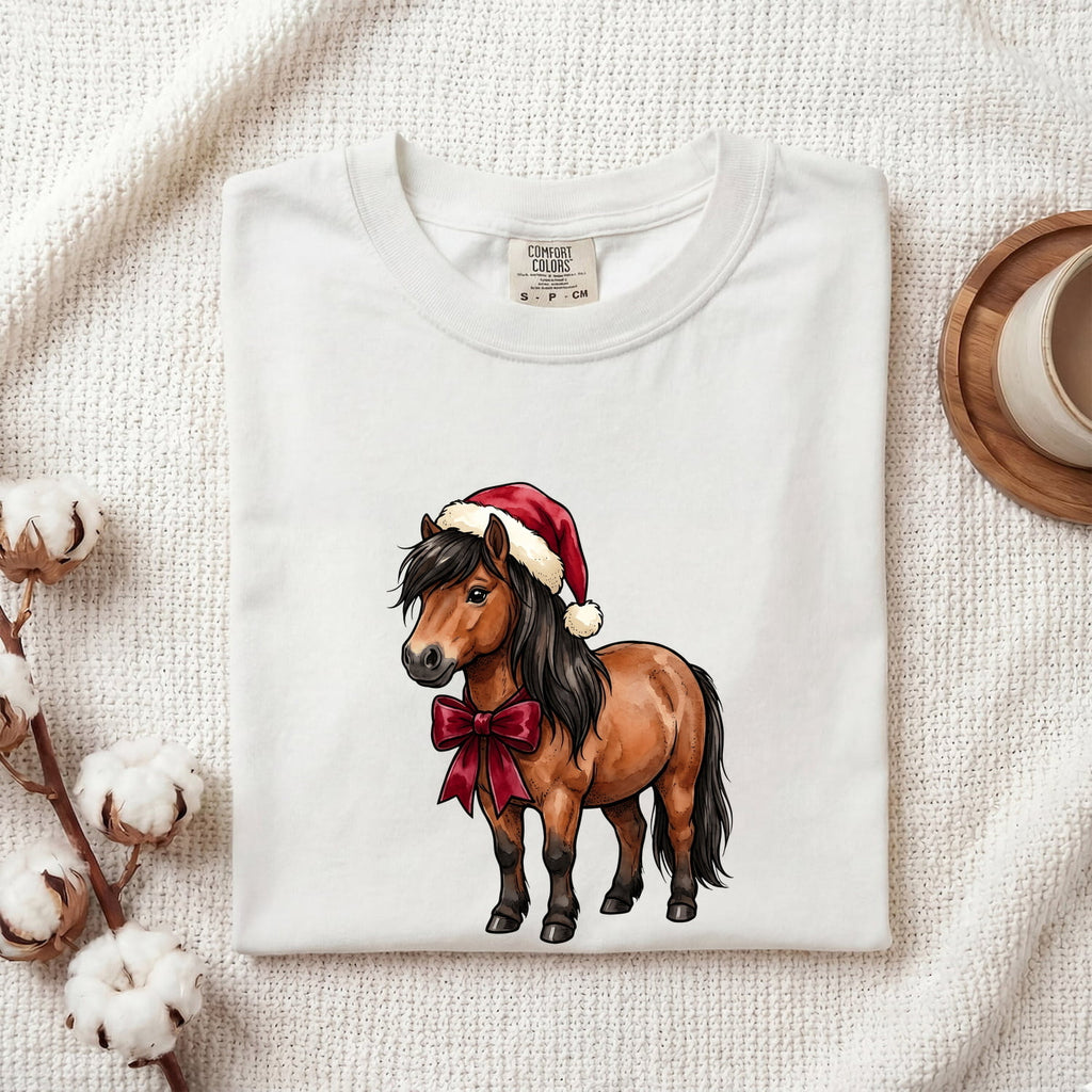 Christmas Horse Shirt for Women – Illustration Line Art Holiday Hat Ribbon Equine Graphic Tee