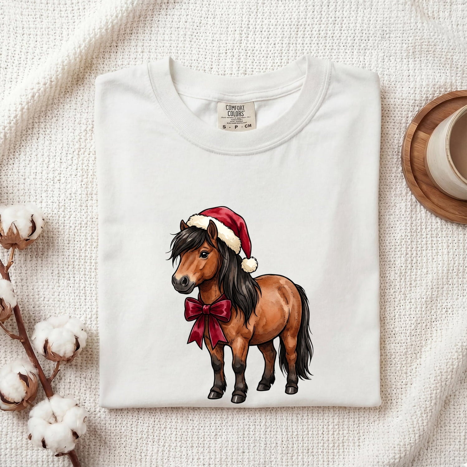 Christmas Horse Shirt for Women – Illustration Line Art Holiday Hat Ribbon Equine Graphic Tee