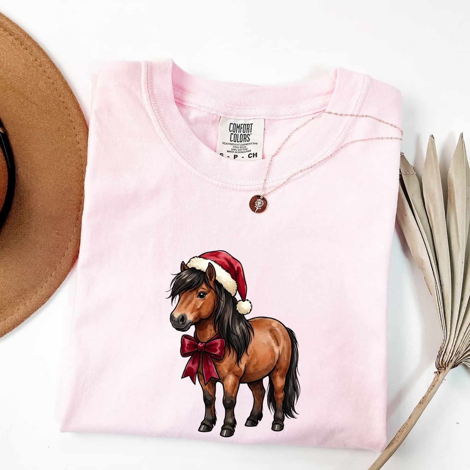 Christmas Horse Shirt for Women – Illustration Line Art Holiday Hat Ribbon Equine Graphic Tee
