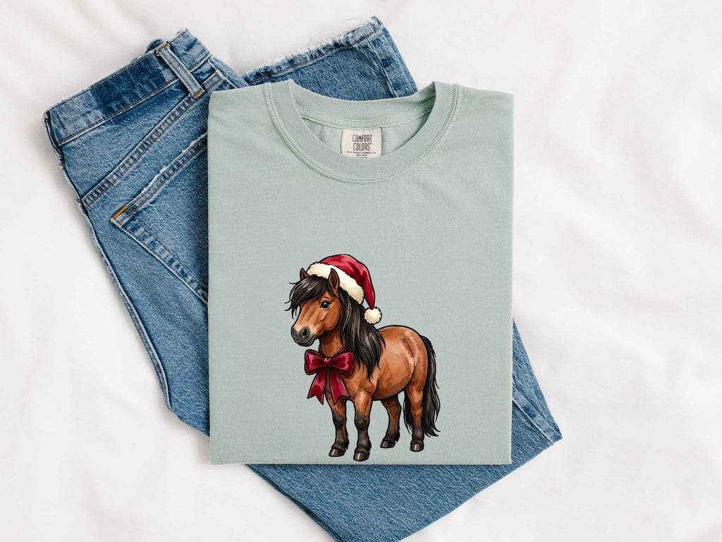 Christmas Horse Shirt for Women – Illustration Line Art Holiday Hat Ribbon Equine Graphic Tee