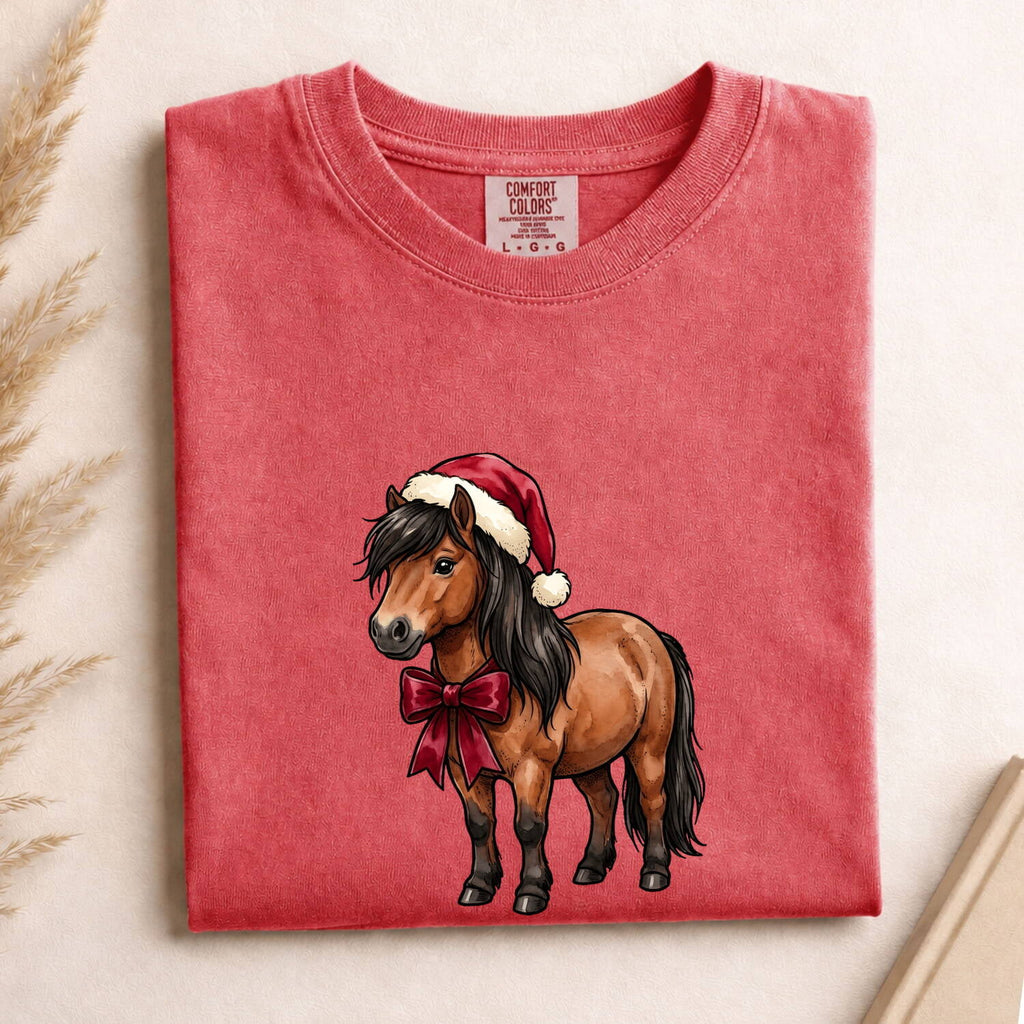 Christmas Horse Shirt for Women – Illustration Line Art Holiday Hat Ribbon Equine Graphic Tee