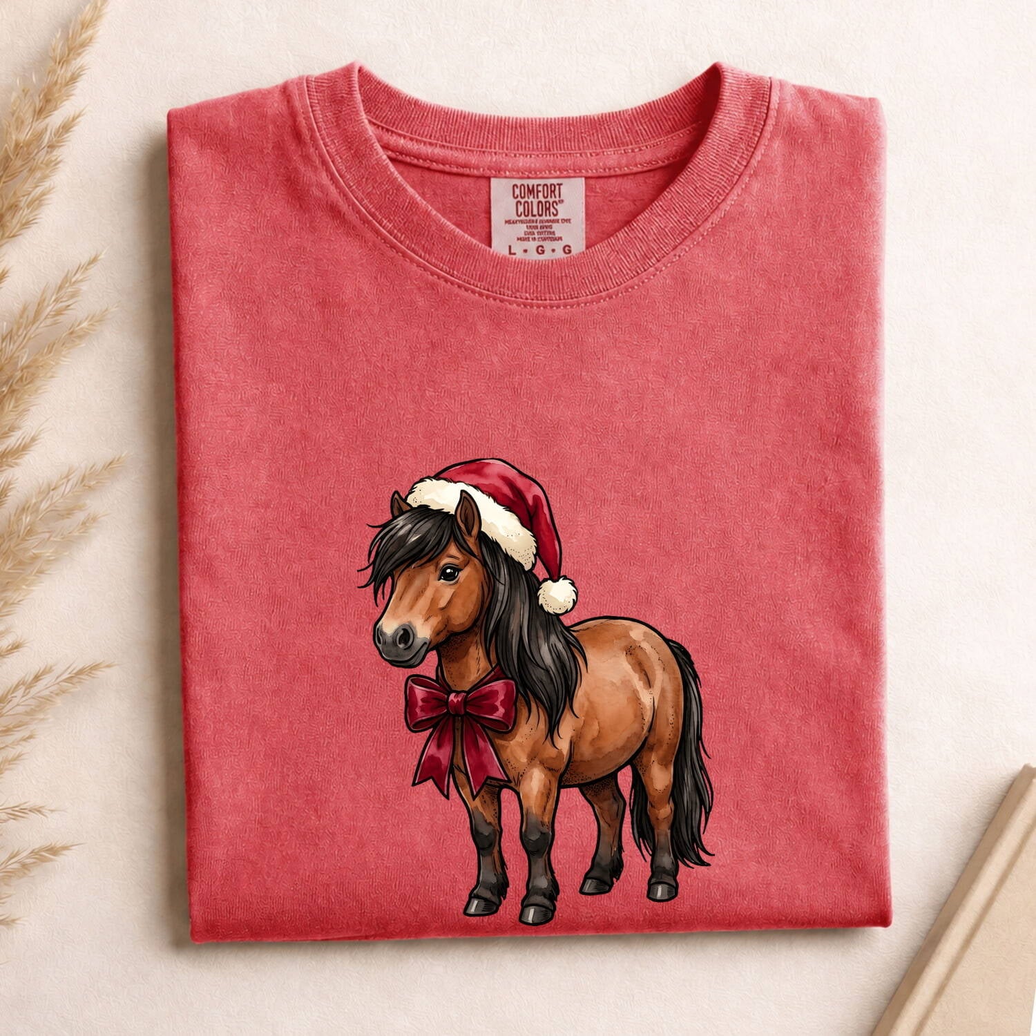 Christmas Horse Shirt for Women – Illustration Line Art Holiday Hat Ribbon Equine Graphic Tee