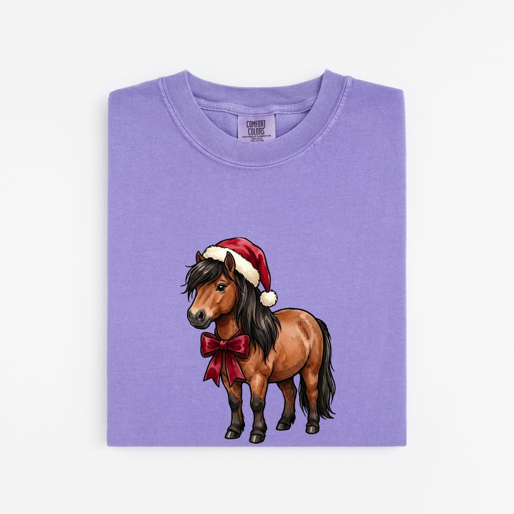 Christmas Horse Shirt for Women – Illustration Line Art Holiday Hat Ribbon Equine Graphic Tee