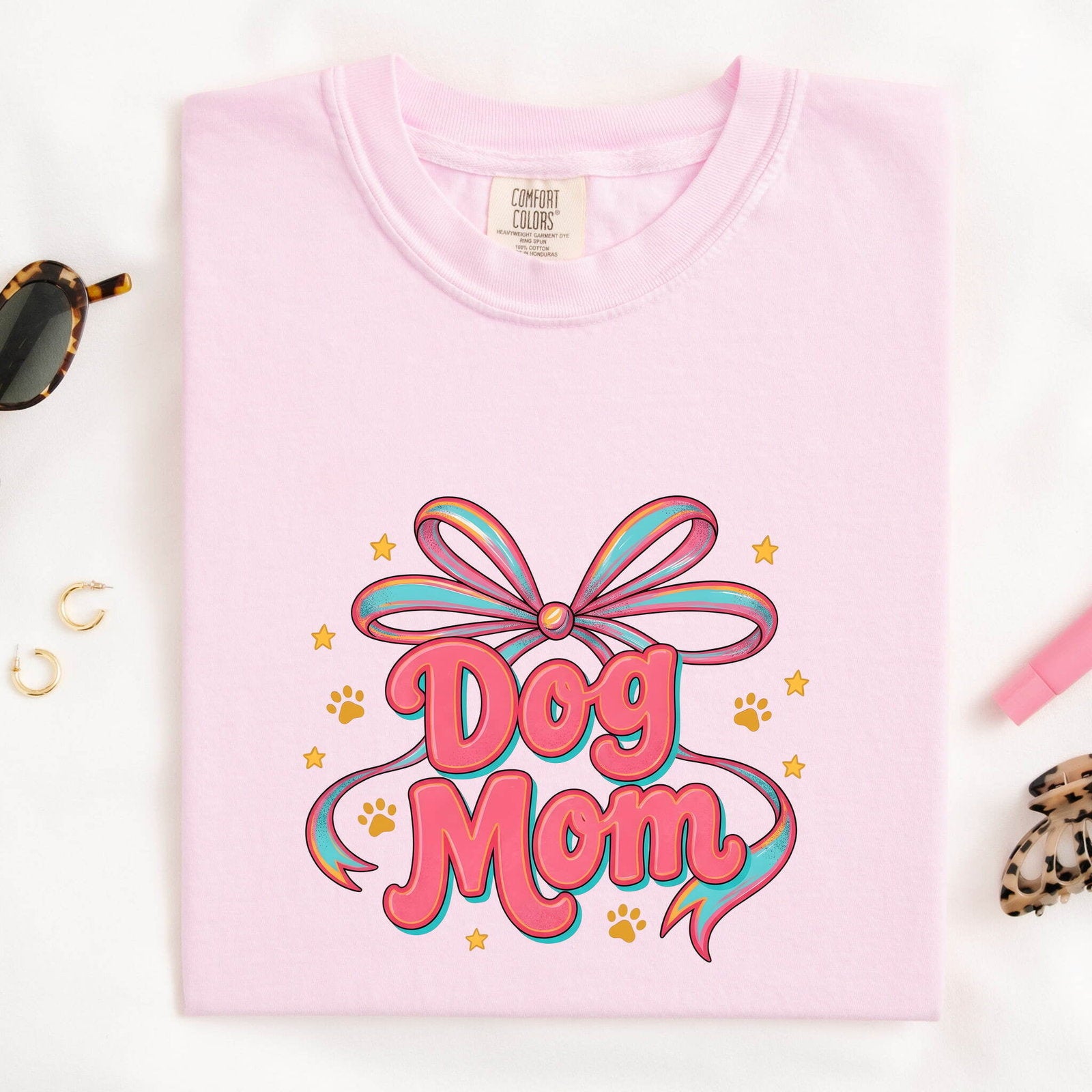 Dog Mom Bow Shirt for Women – Colorful Vibrant Retro Paw Print Animal Graphic Tee