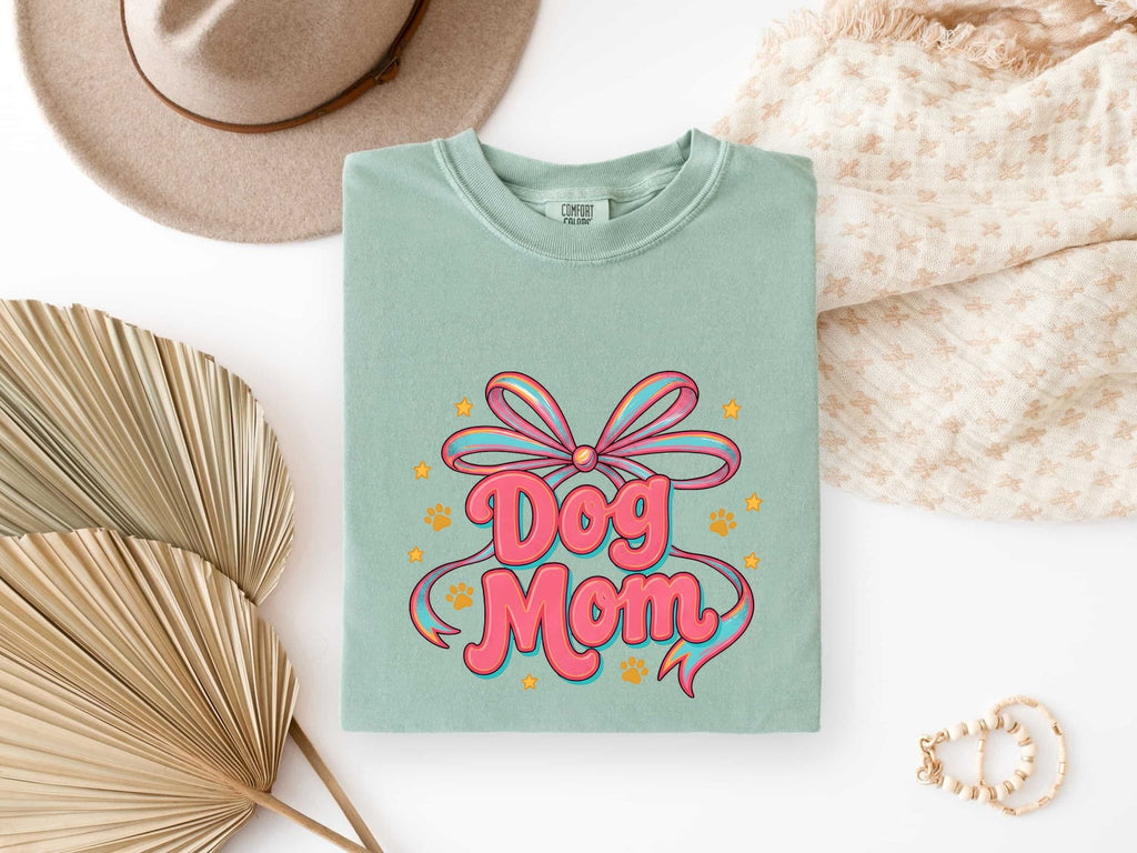 Dog Mom Bow Shirt for Women – Colorful Vibrant Retro Paw Print Animal Graphic Tee