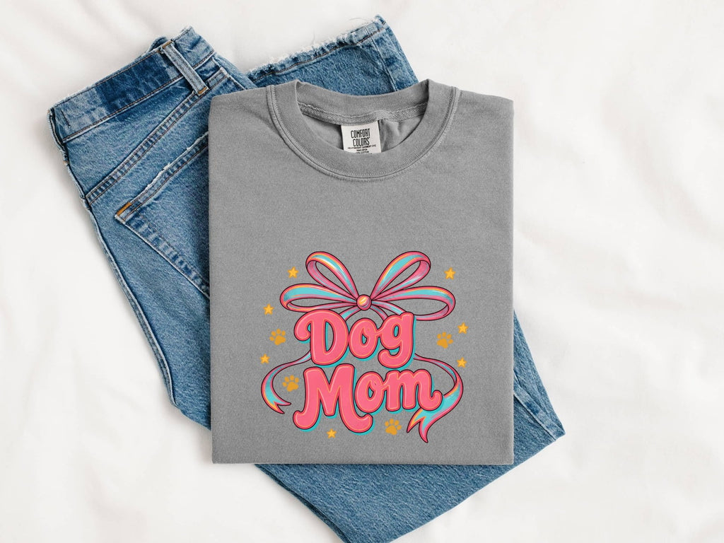 Dog Mom Bow Shirt for Women – Colorful Vibrant Retro Paw Print Animal Graphic Tee