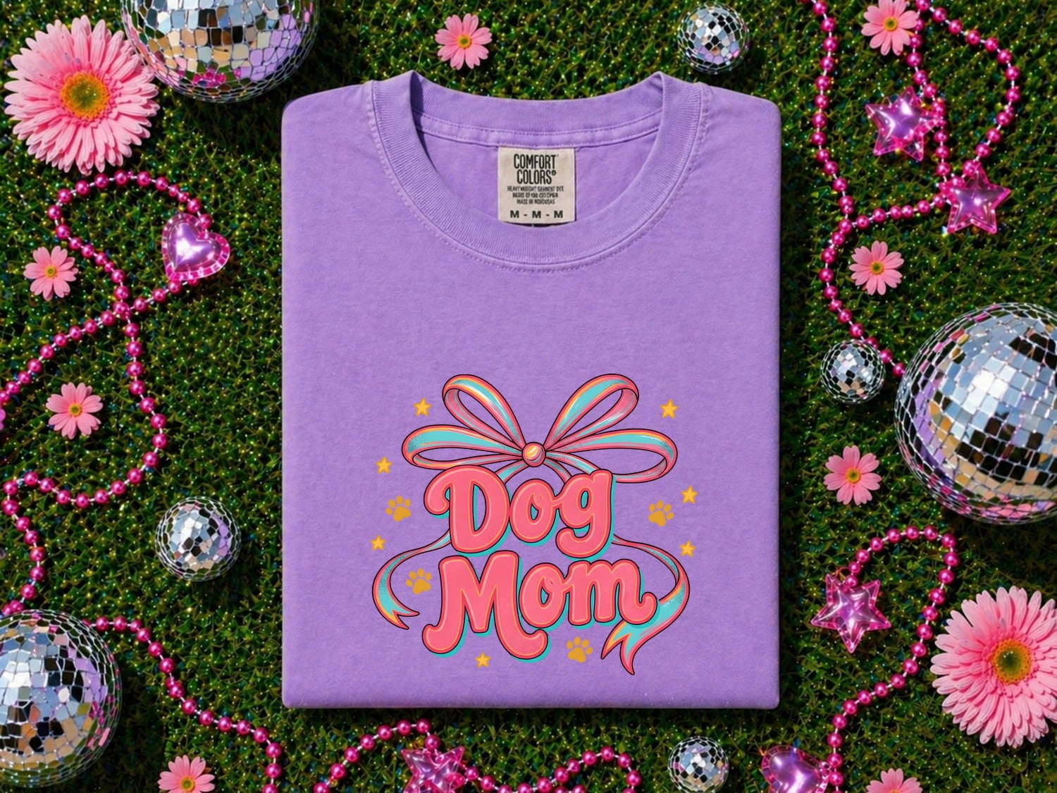 Dog Mom Bow Shirt for Women – Colorful Vibrant Retro Paw Print Animal Graphic Tee