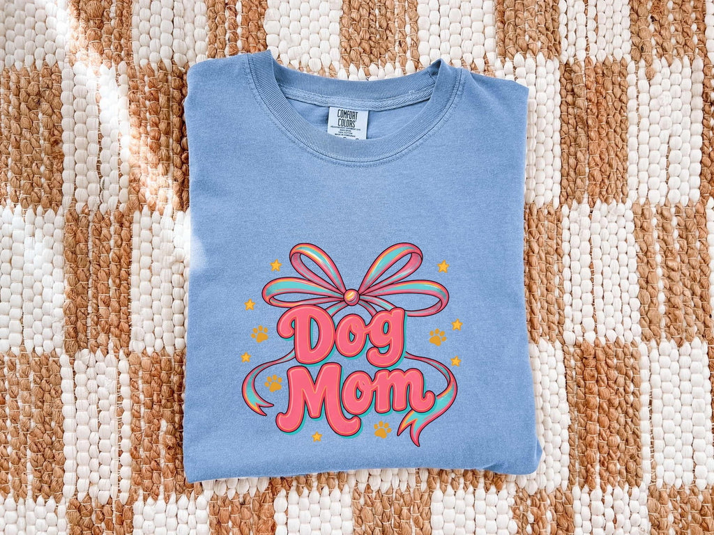 Dog Mom Bow Shirt for Women – Colorful Vibrant Retro Paw Print Animal Graphic Tee