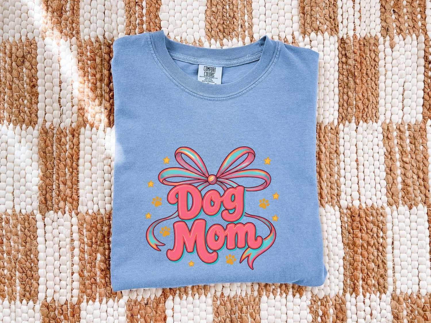 Dog Mom Bow Shirt for Women – Colorful Vibrant Retro Paw Print Animal Graphic Tee