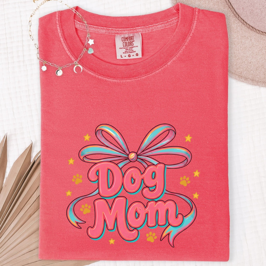 Dog Mom Bow Shirt for Women – Colorful Vibrant Retro Paw Print Animal Graphic Tee