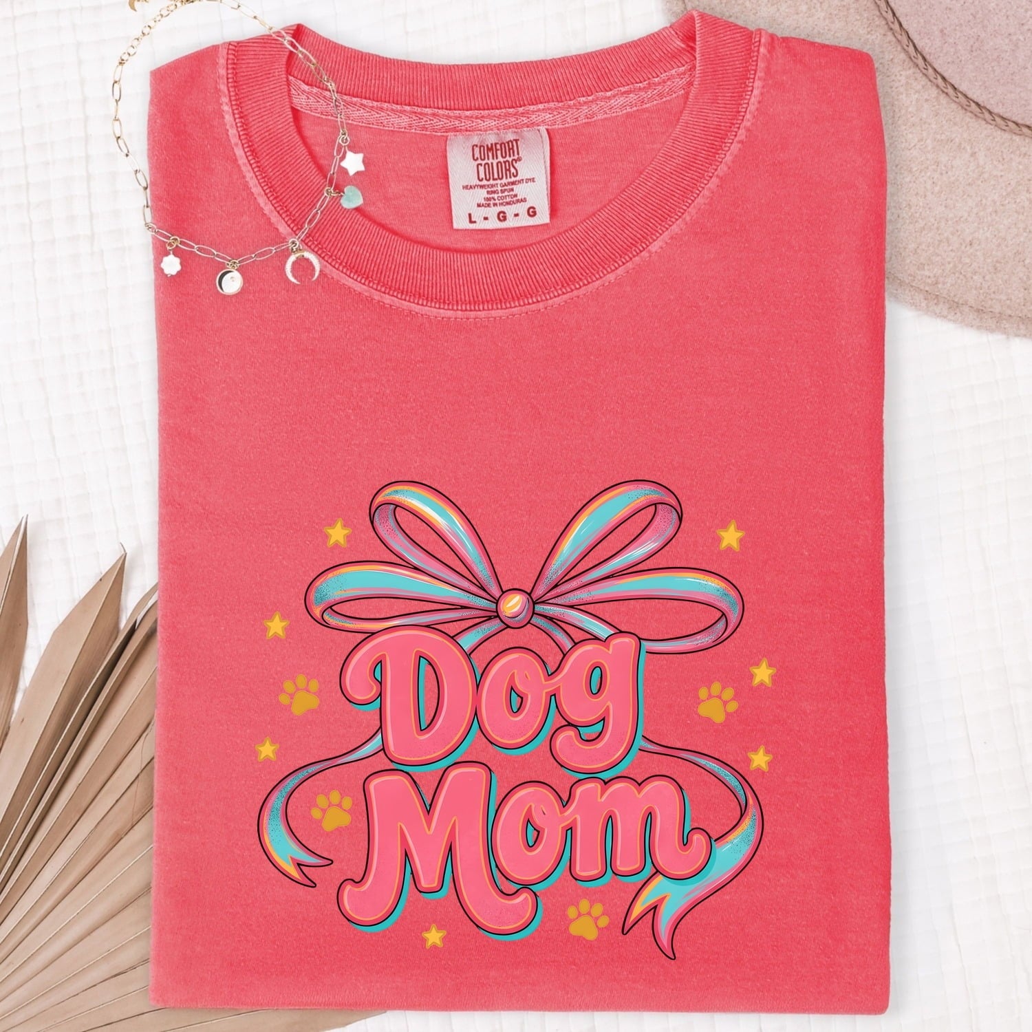 Dog Mom Bow Shirt for Women – Colorful Vibrant Retro Paw Print Animal Graphic Tee