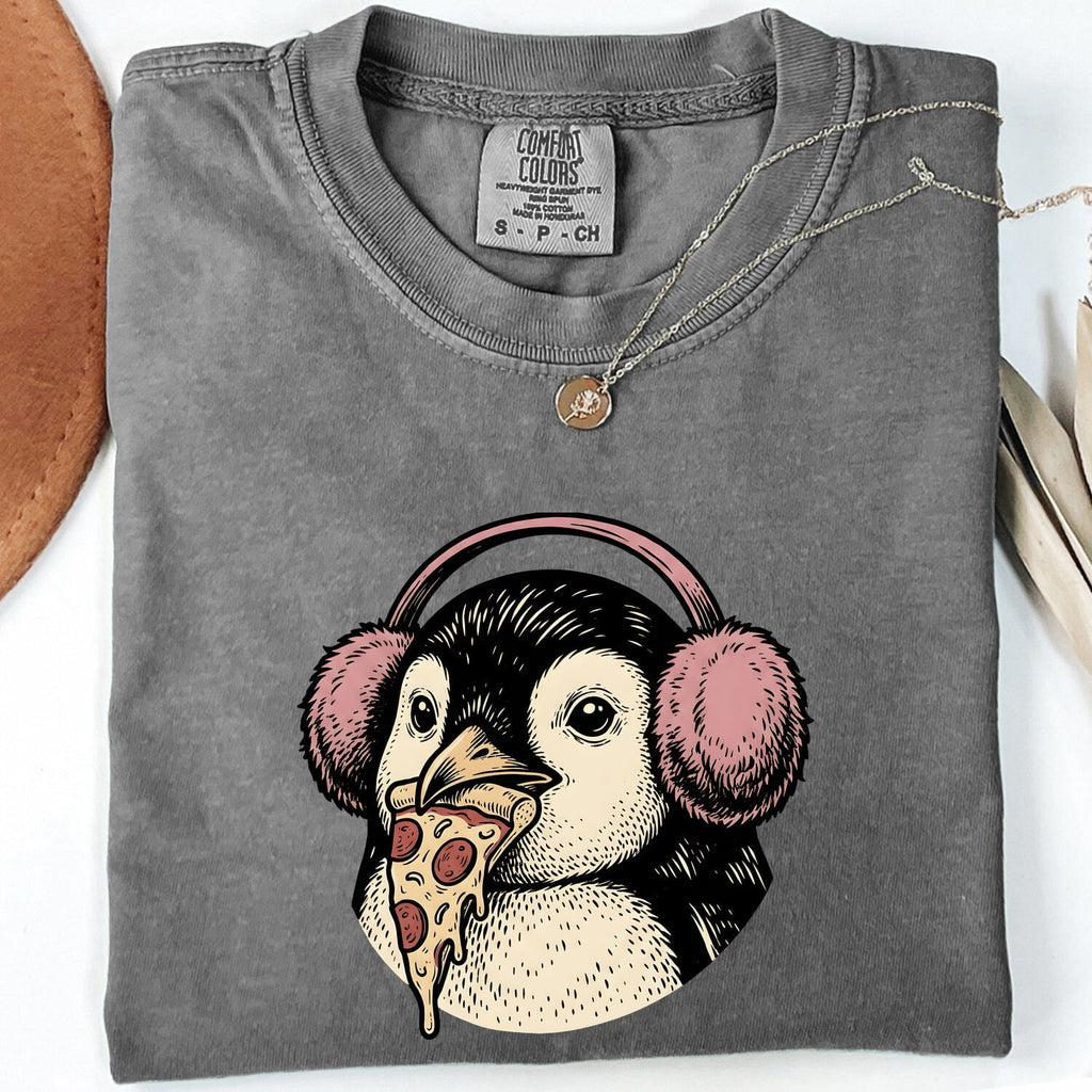 Christmas Bird Shirt for Women – Funny Cartoon Tuxedo Pizza Traditional Earmuff Animal Graphic Tee