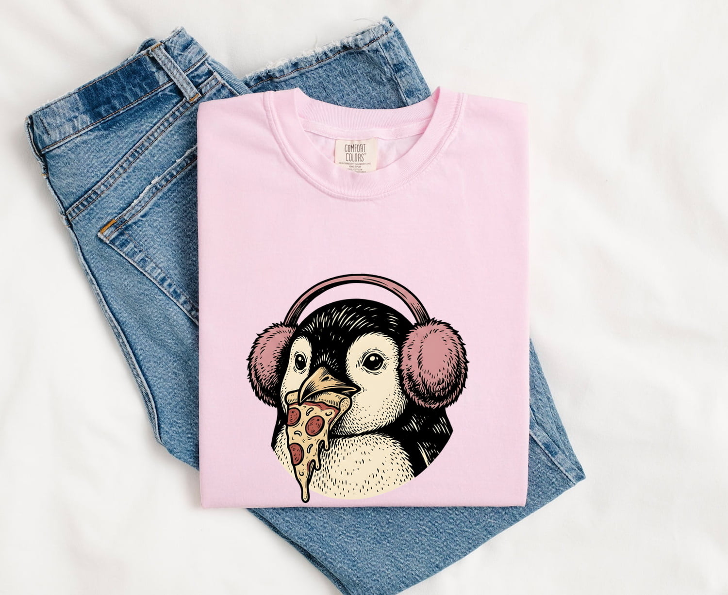 Christmas Bird Shirt for Women – Funny Cartoon Tuxedo Pizza Traditional Earmuff Animal Graphic Tee