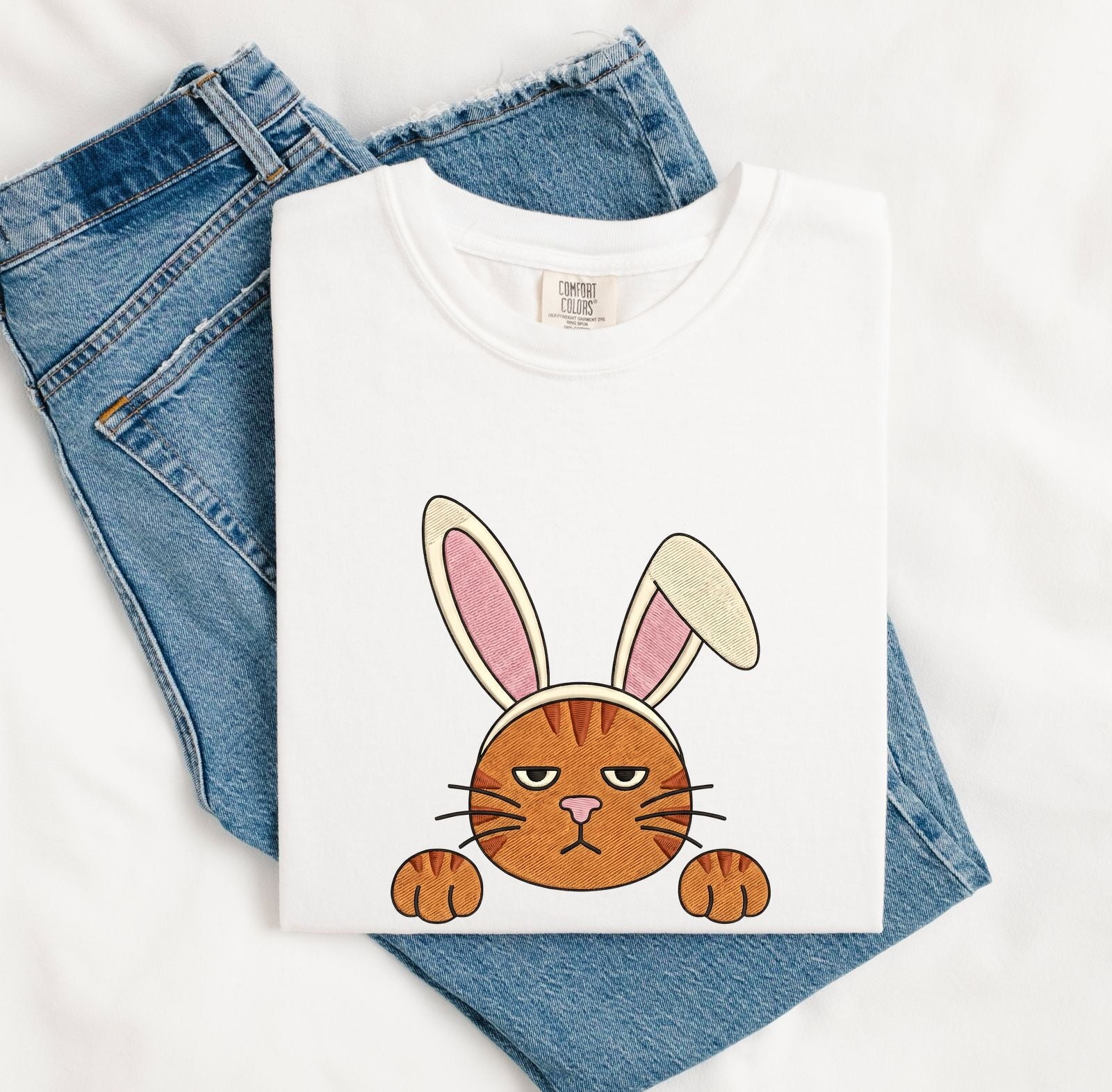 Easter Bunny Shirt for Women – Embroidery Stitched Rabbit Ears Cat Animal Illustration Graphic Tee