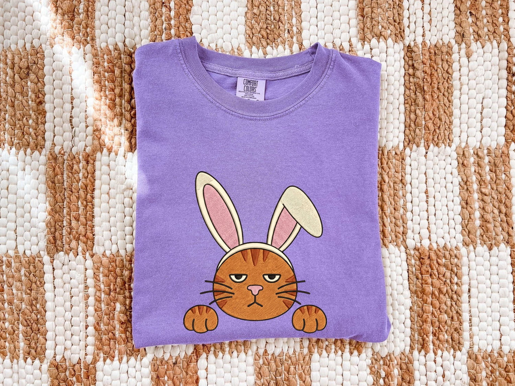 Easter Bunny Shirt for Women – Embroidery Stitched Rabbit Ears Cat Animal Illustration Graphic Tee