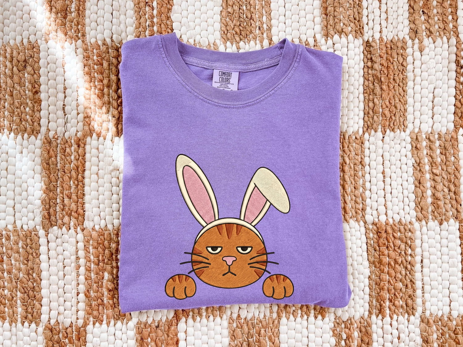 Easter Bunny Shirt for Women – Embroidery Stitched Rabbit Ears Cat Animal Illustration Graphic Tee