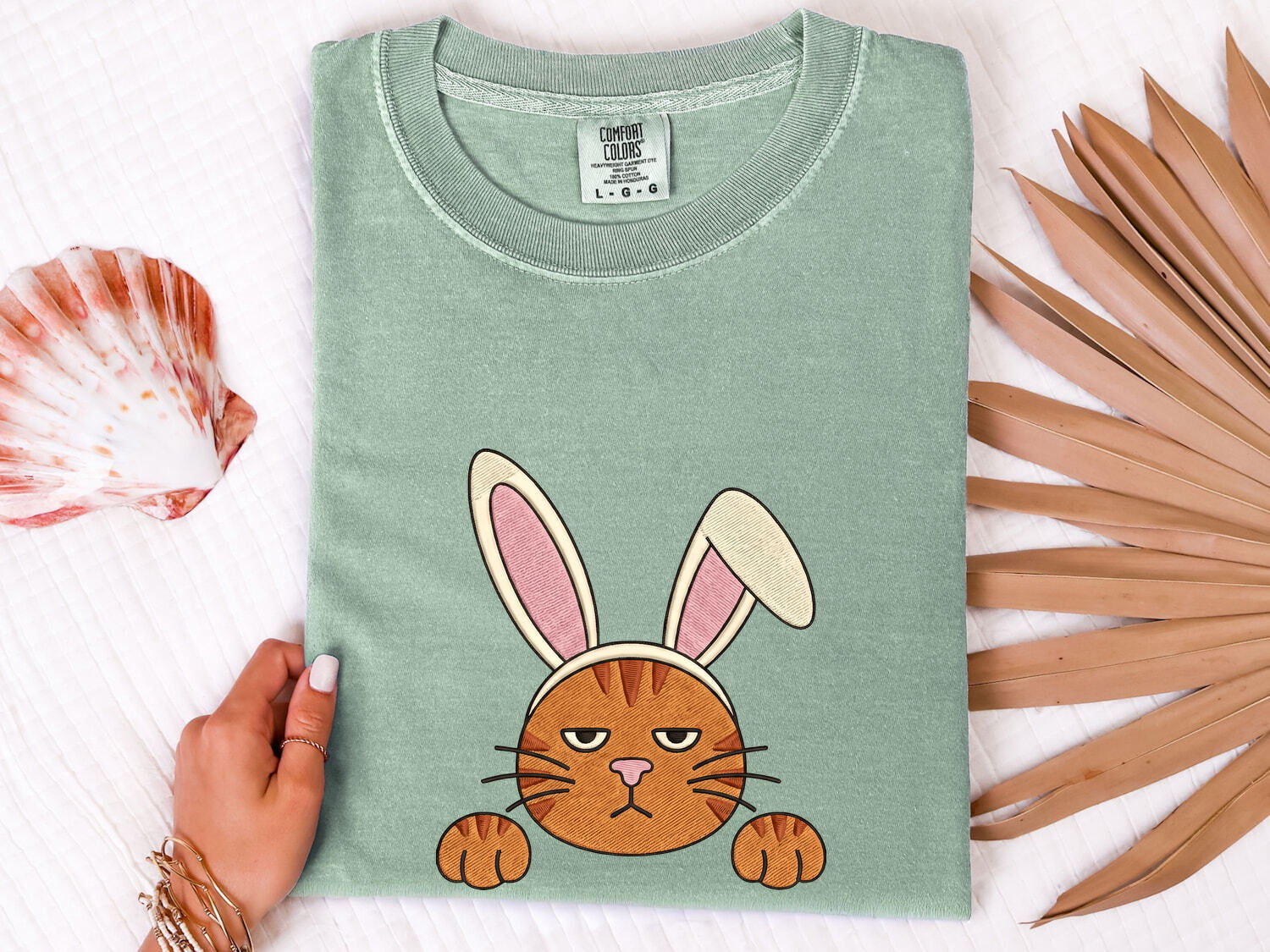 Easter Bunny Shirt for Women – Embroidery Stitched Rabbit Ears Cat Animal Illustration Graphic Tee