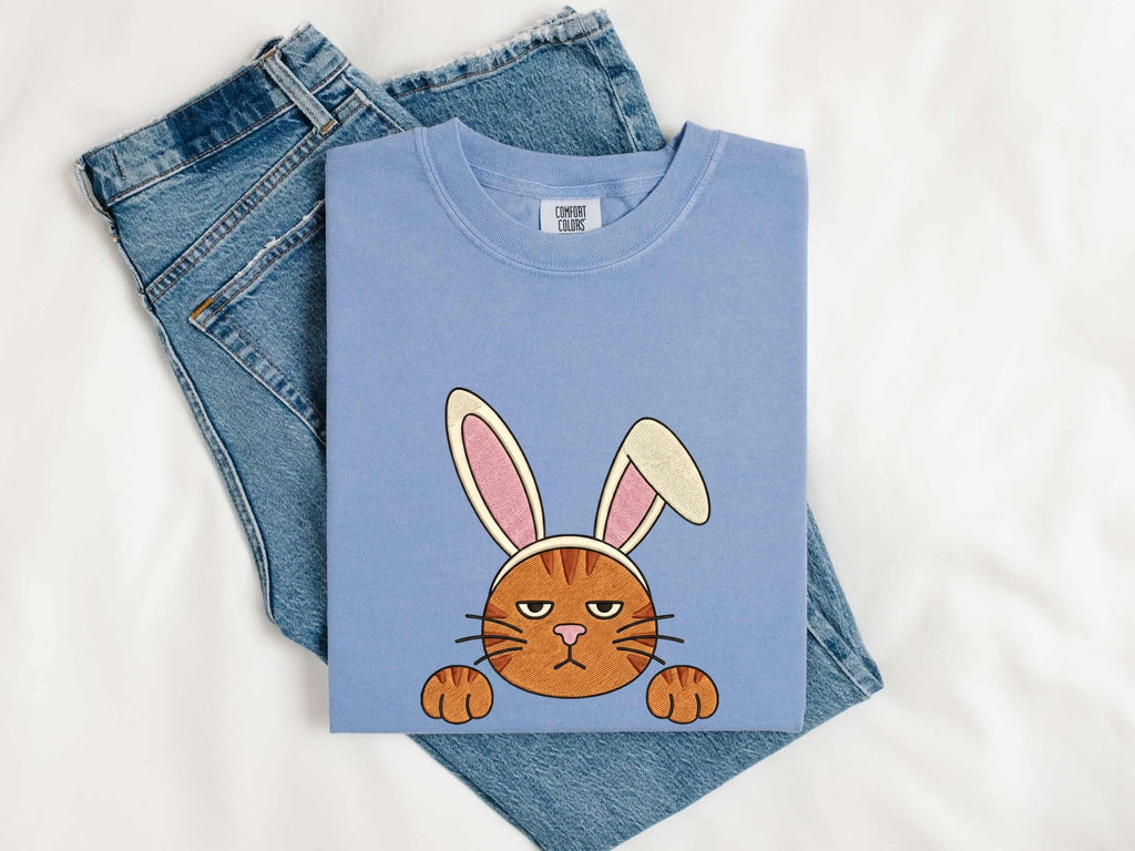 Easter Bunny Shirt for Women – Embroidery Stitched Rabbit Ears Cat Animal Illustration Graphic Tee