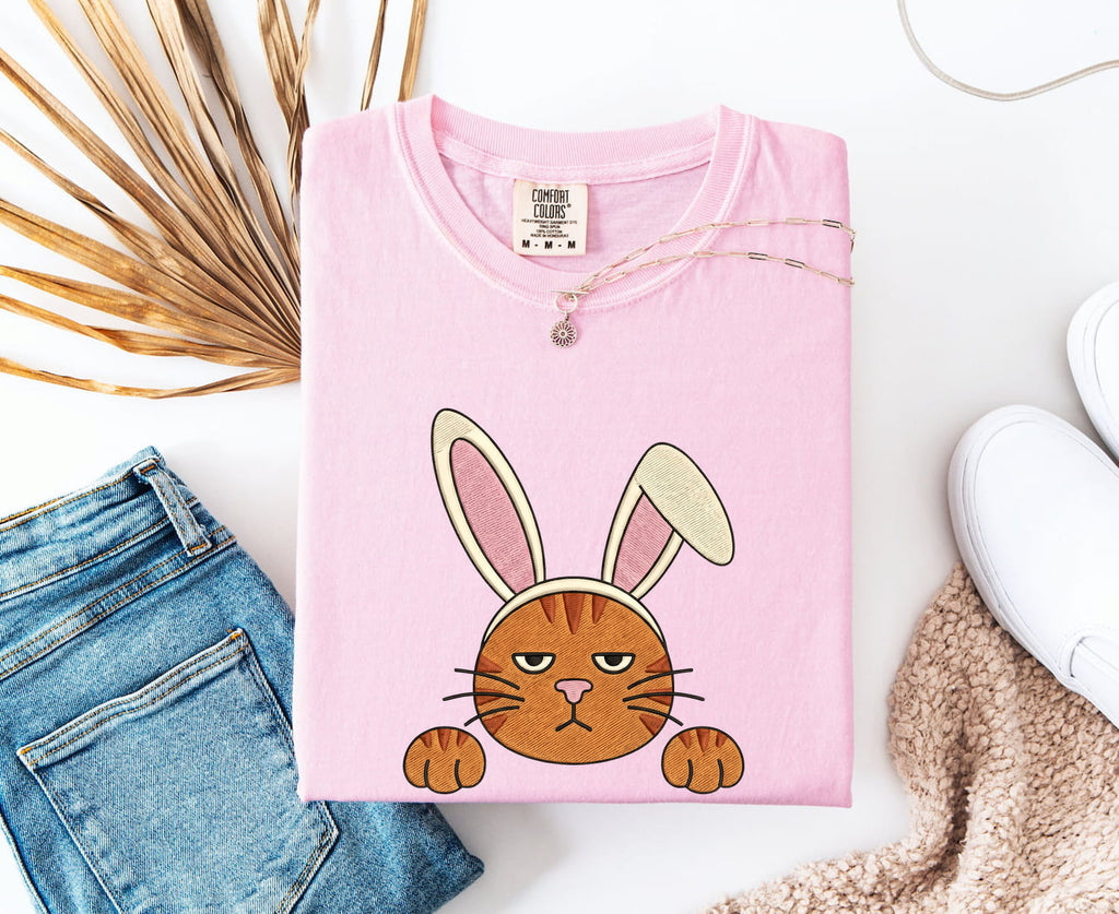 Easter Bunny Shirt for Women – Embroidery Stitched Rabbit Ears Cat Animal Illustration Graphic Tee