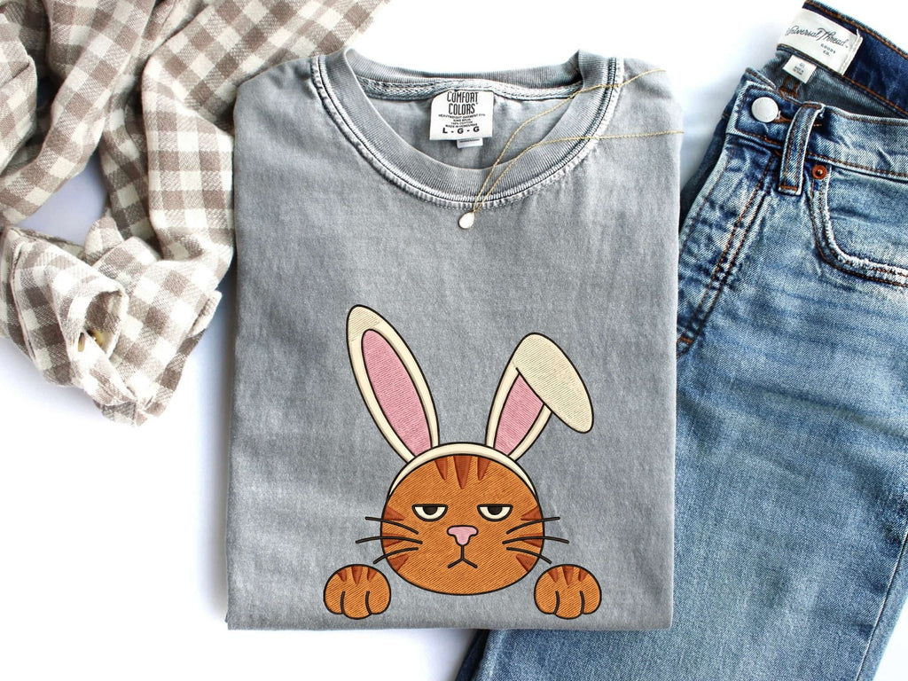 Easter Bunny Shirt for Women – Embroidery Stitched Rabbit Ears Cat Animal Illustration Graphic Tee