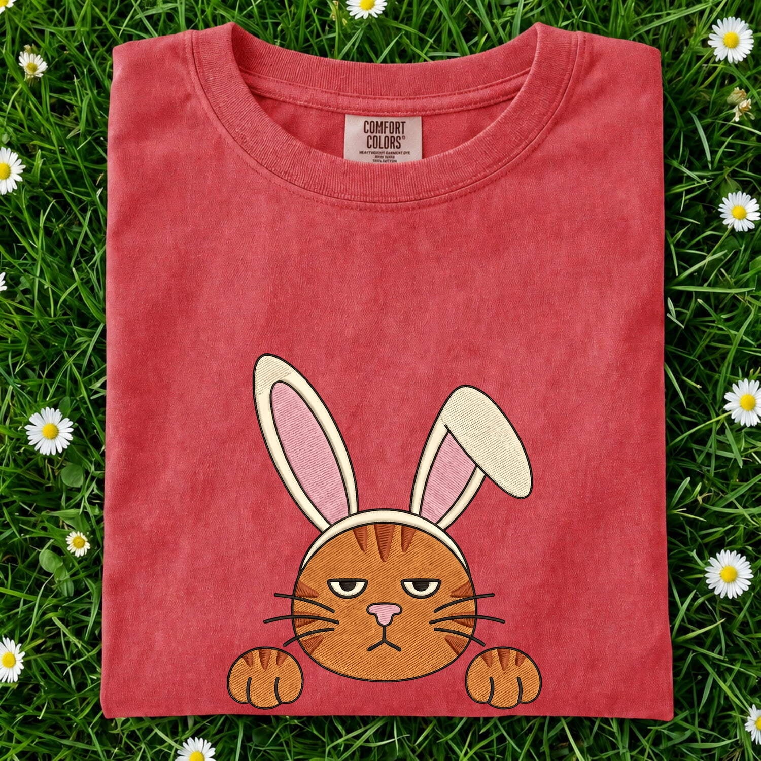 Easter Bunny Shirt for Women – Embroidery Stitched Rabbit Ears Cat Animal Illustration Graphic Tee