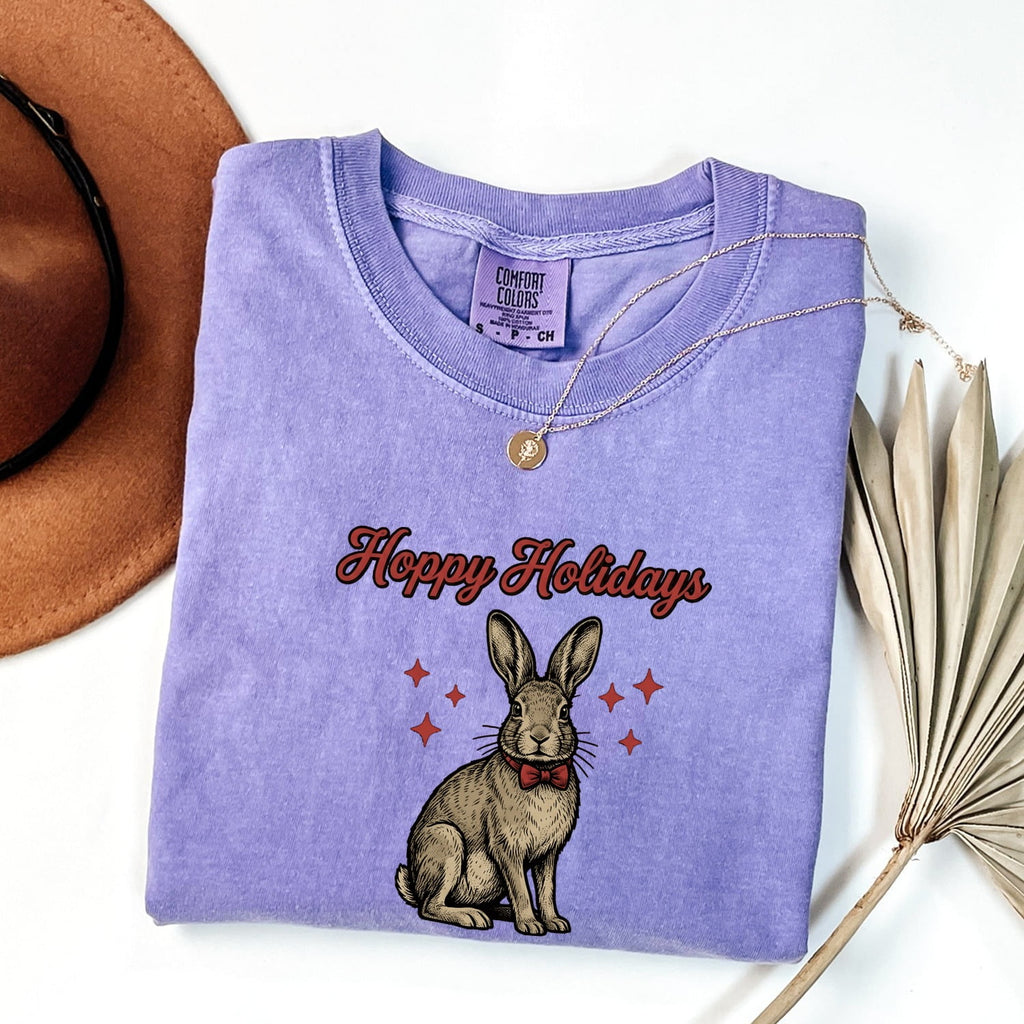 Christmas Rabbit Shirt for Women – Retro Sketch Bow Tie Star Shapes Bunny Animal Graphic Tee