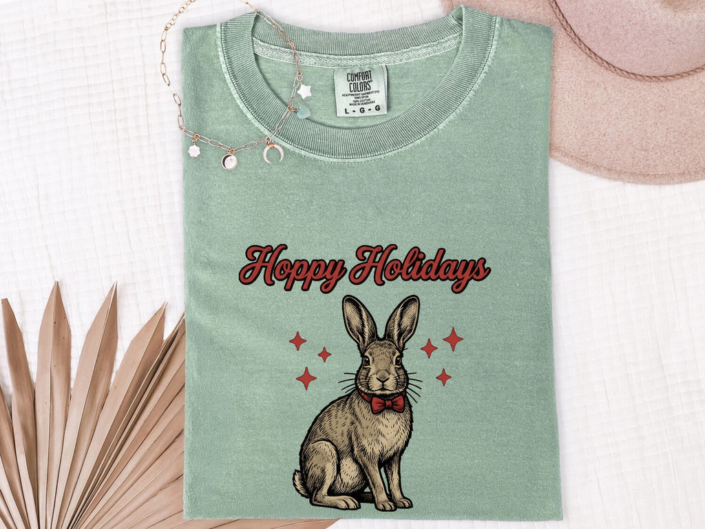 Christmas Rabbit Shirt for Women – Retro Sketch Bow Tie Star Shapes Bunny Animal Graphic Tee