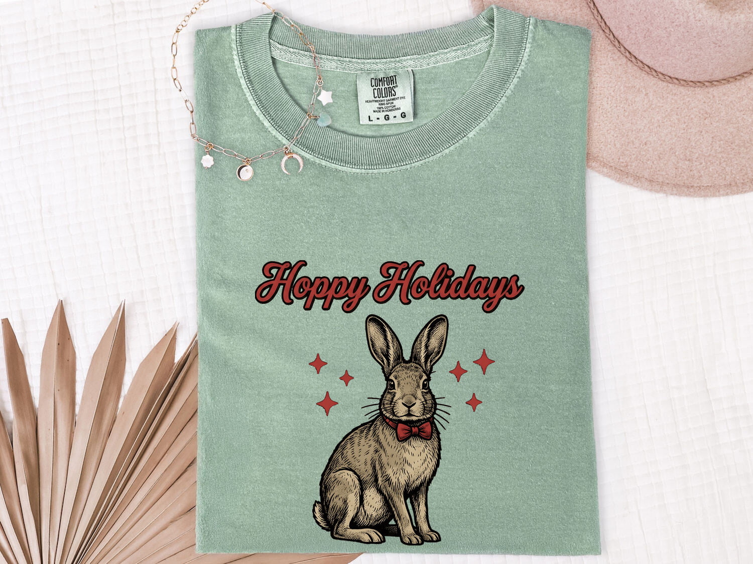 Christmas Rabbit Shirt for Women – Retro Sketch Bow Tie Star Shapes Bunny Animal Graphic Tee