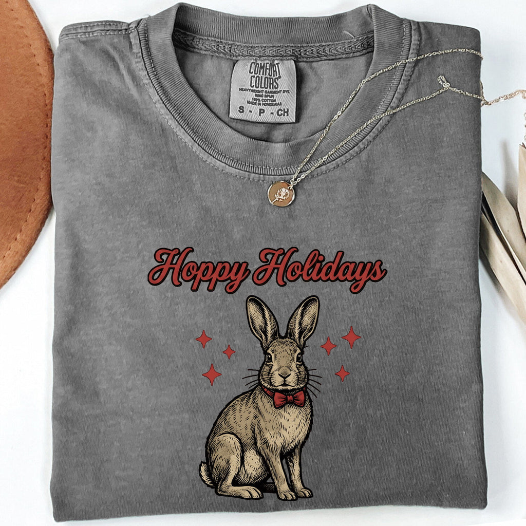 Christmas Rabbit Shirt for Women – Retro Sketch Bow Tie Star Shapes Bunny Animal Graphic Tee