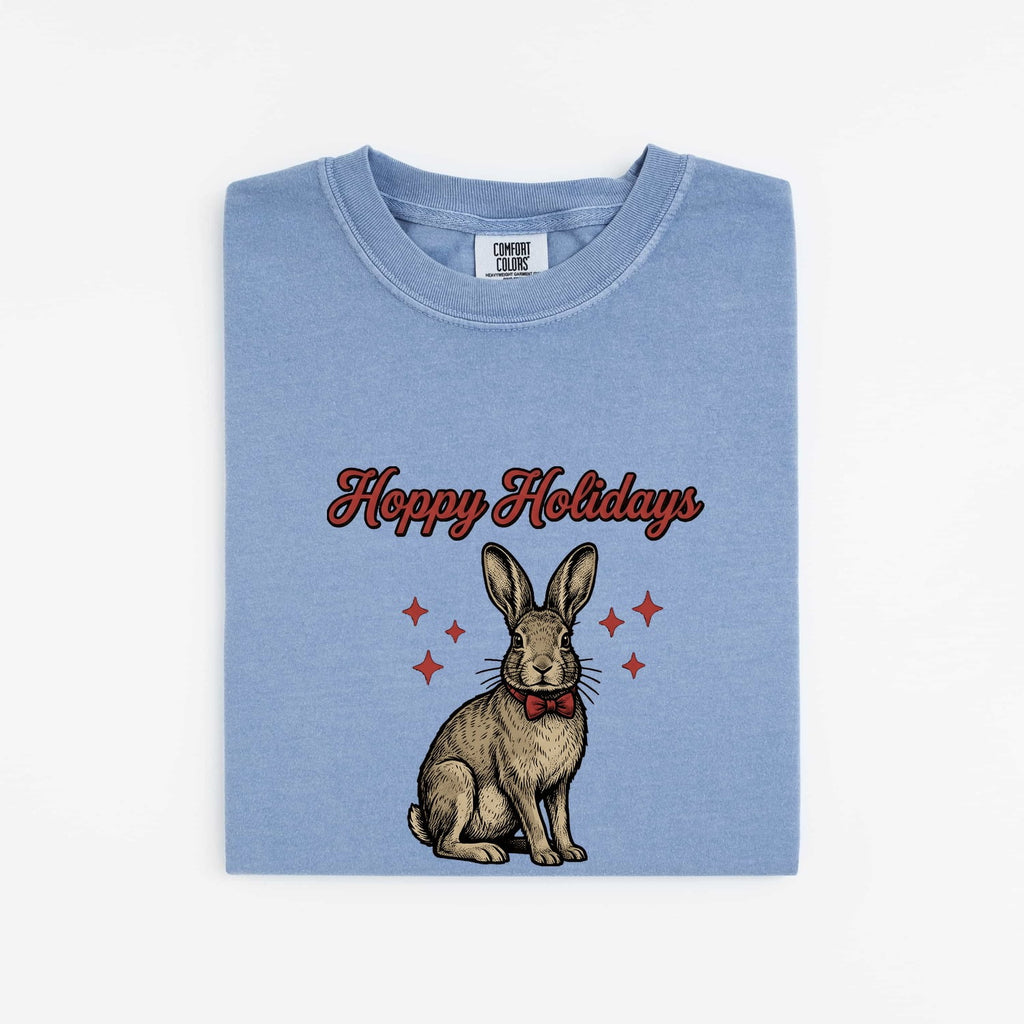 Christmas Rabbit Shirt for Women – Retro Sketch Bow Tie Star Shapes Bunny Animal Graphic Tee