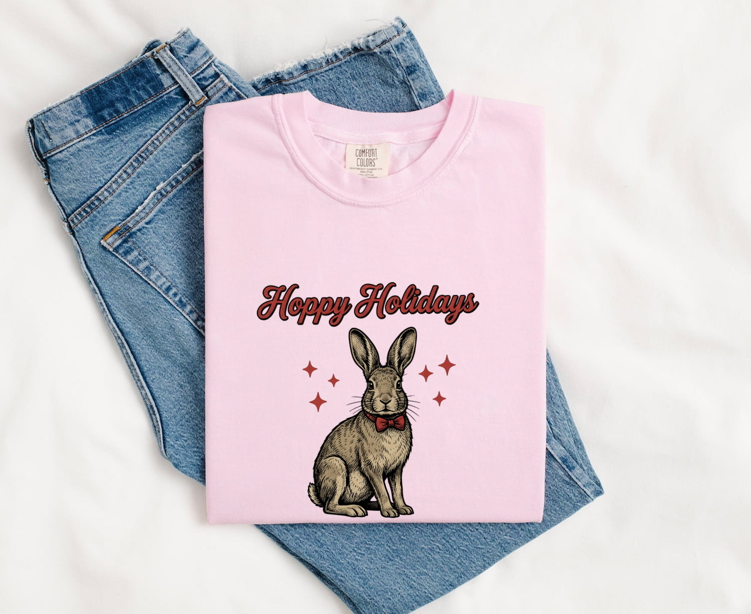 Christmas Rabbit Shirt for Women – Retro Sketch Bow Tie Star Shapes Bunny Animal Graphic Tee