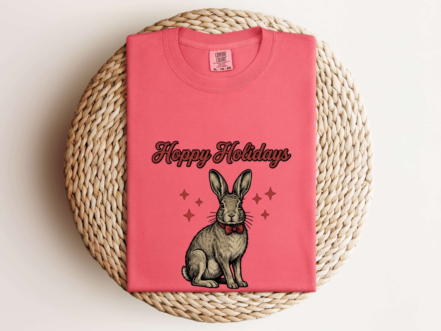 Christmas Rabbit Shirt for Women – Retro Sketch Bow Tie Star Shapes Bunny Animal Graphic Tee