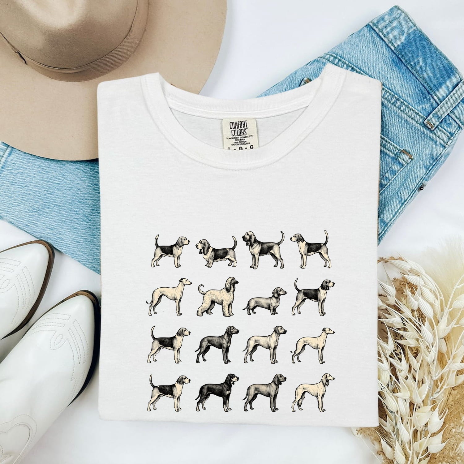 Dog Breed Pattern Shirt for Women – Antique Vintage Ink Drawing Scent Hound Animal Graphic Tee