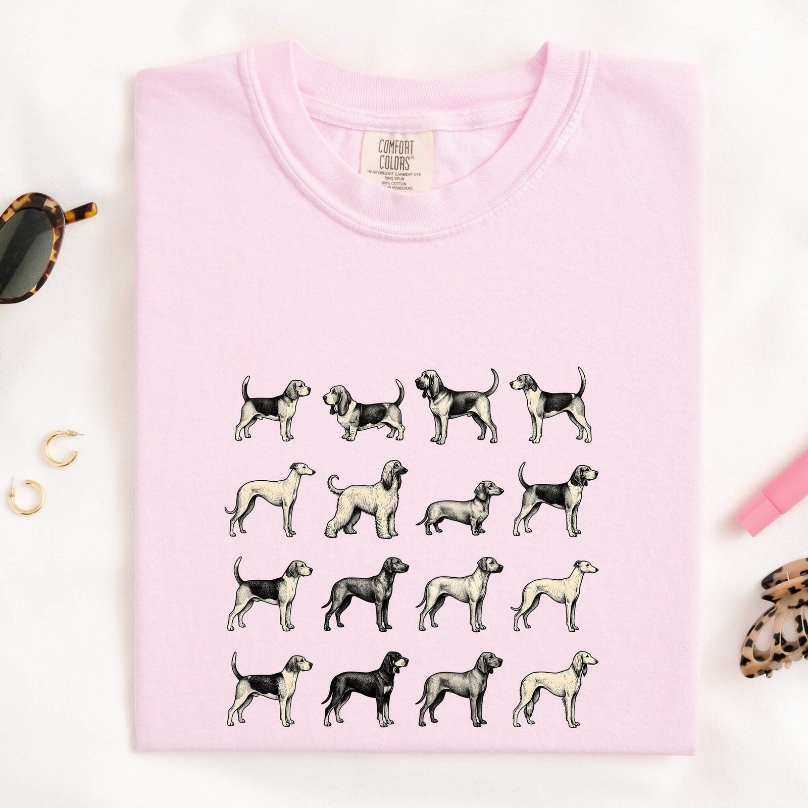 Dog Breed Pattern Shirt for Women – Antique Vintage Ink Drawing Scent Hound Animal Graphic Tee